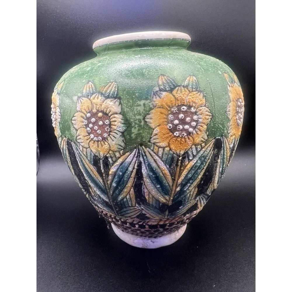 Vintage Chinese Ceramic Sunflower Vase with Textured Raised Design